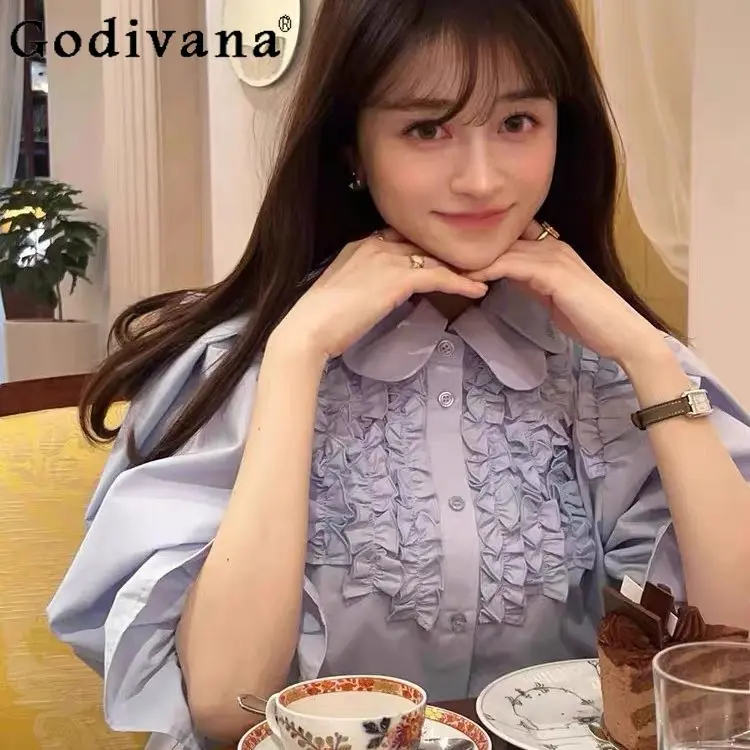 

2026 Summer Japanese Style Sweet Blue Shirt Office Lady Fashion Casual Ruffled Collar Bubble Sleeve Commuter Blouses Female Top