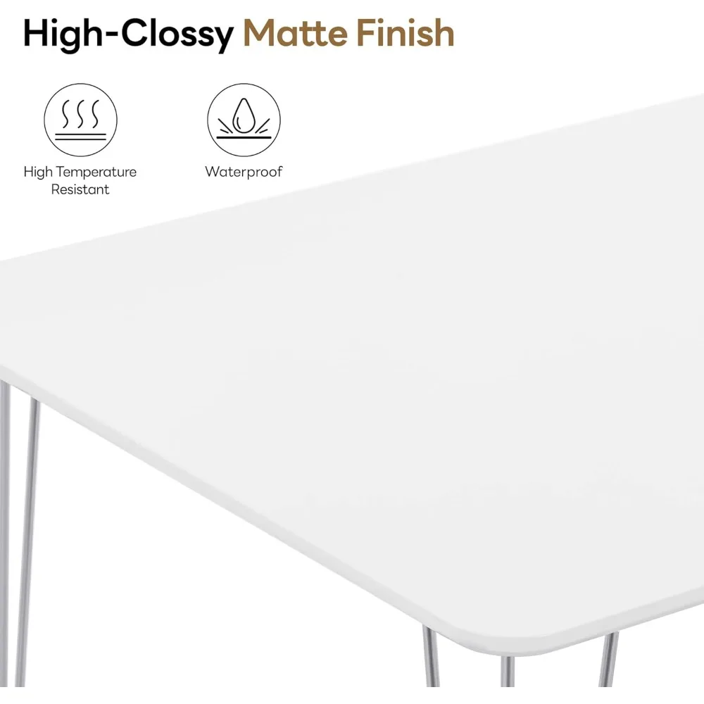 Mesa de jantar retangular moderna para 4 em lilás - 47,5 pequena mesa de cozinha branca com pernas de metal para sala de jantar e espaço de estar