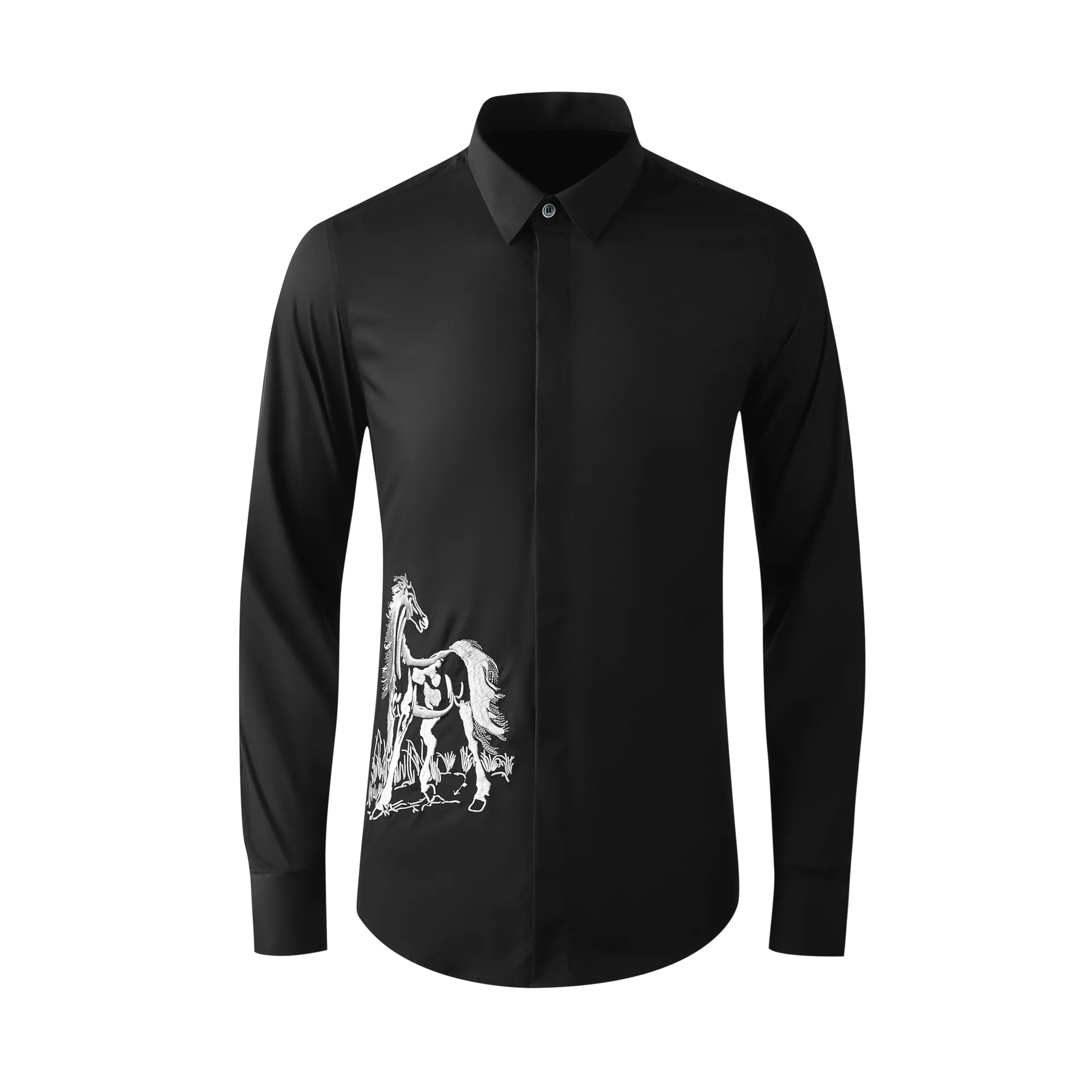 Summer men's shirt embroidery galloping horse long sleeved shirt Chinese style slim fit men's clothing factory