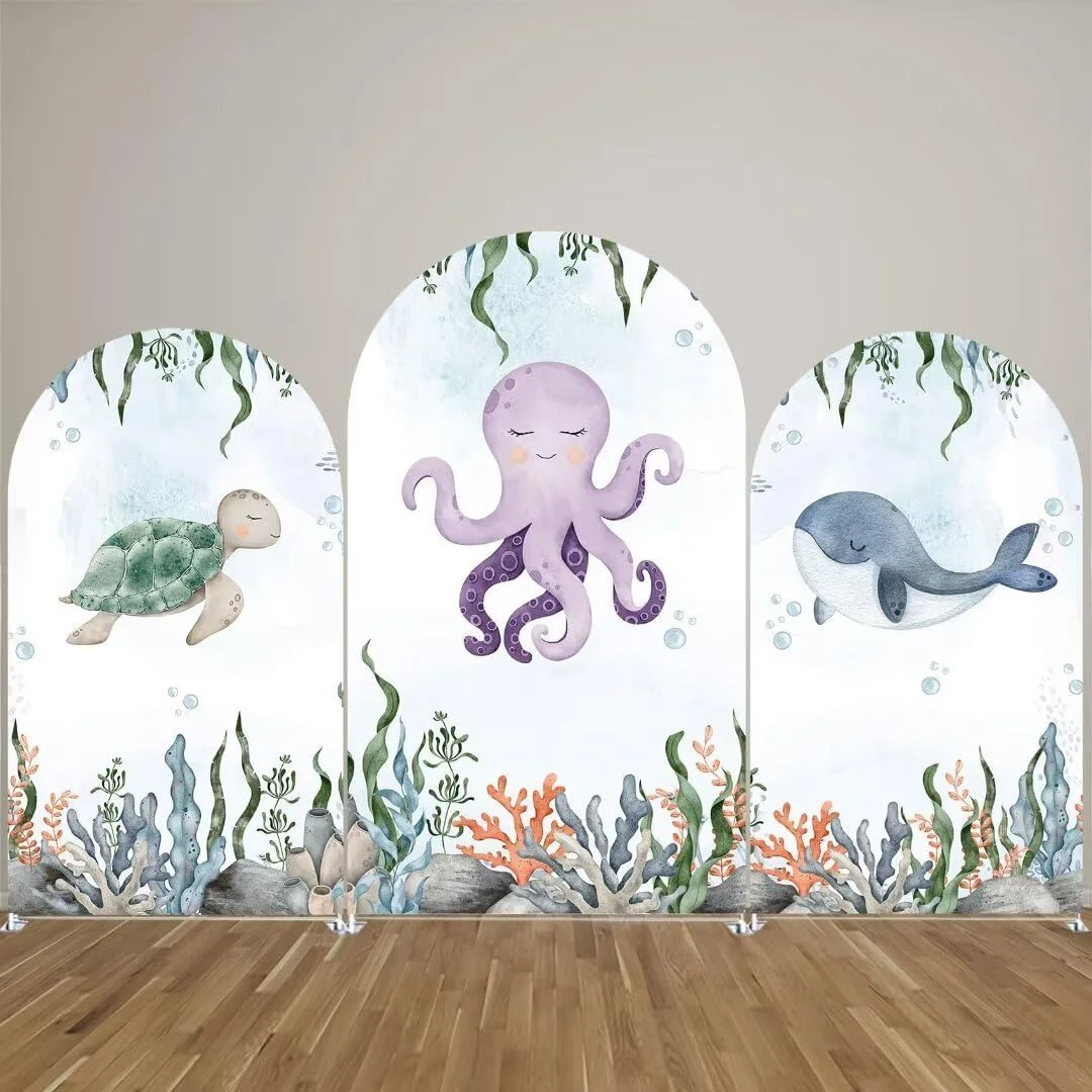 Underwater Cartoon Dolphin Arched Backdrop Covers Photography Background Under The Sea Arch Stand Covers for Birthday Party