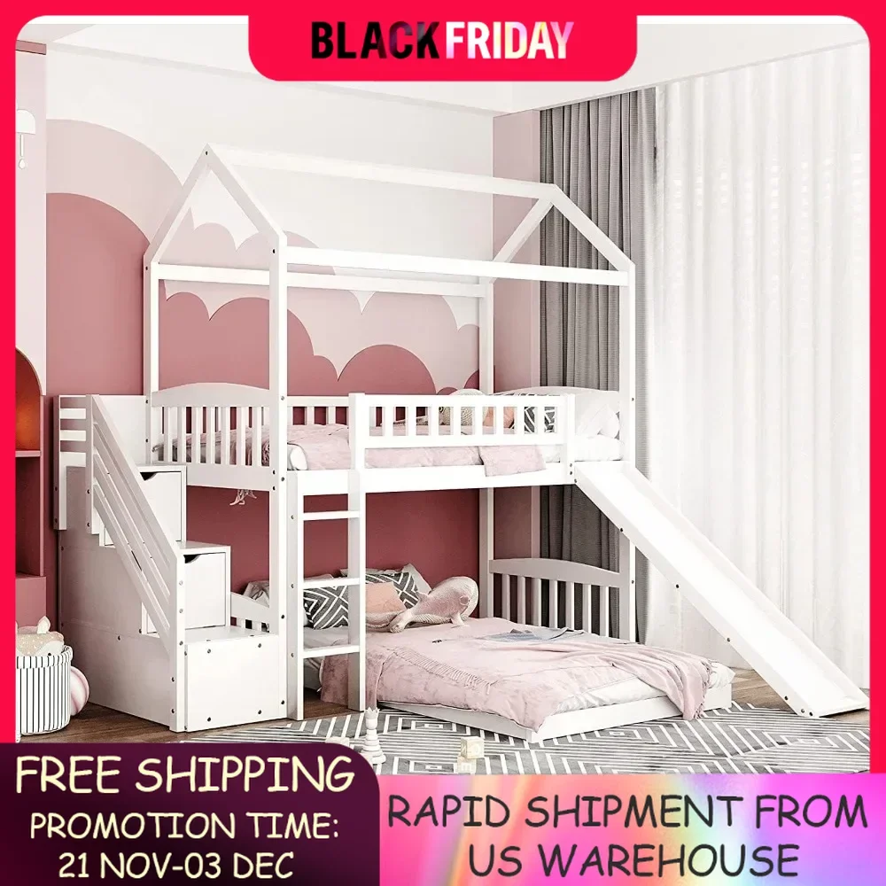 Twin Over Twin Toddler House Bunk Bed with Slide and Ladder, Wooden House Bunk Bed Frame with Stairs Drawers for Girls Boys