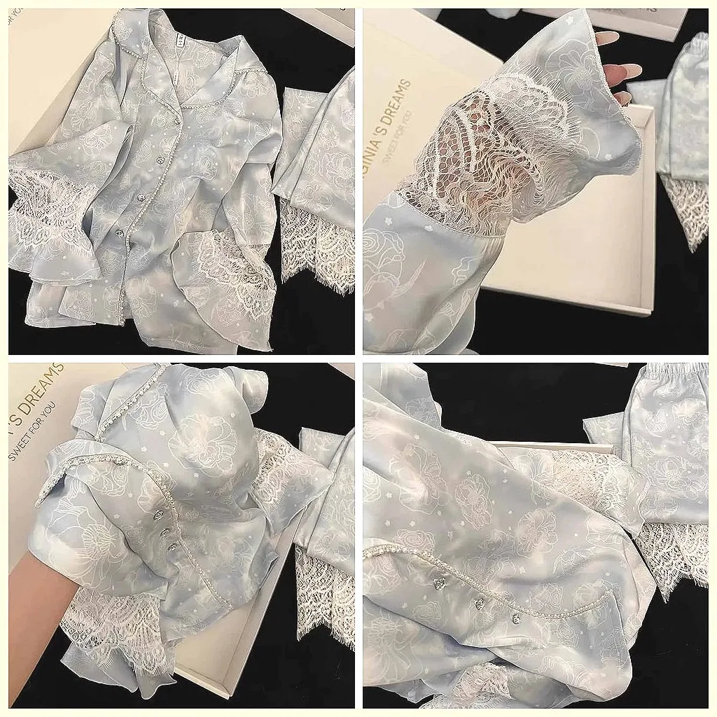 

Синий пижамный комплект с кружевной отделкой для женщин, летняя домашняя одежда с длинными рукавами, двухсоставная пижама