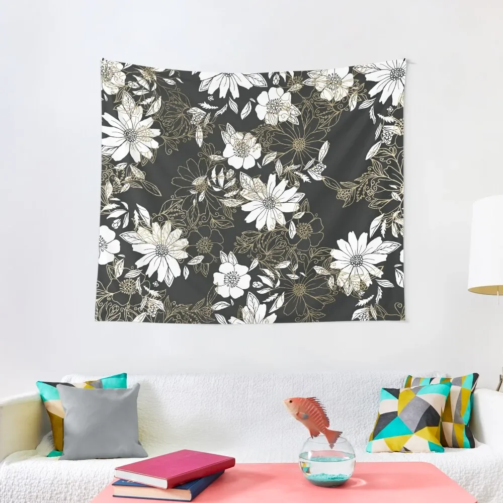 Modern black white faux gold elegant floral Tapestry Wall Tapestries Aesthetics For Room Decorative Wall Murals Tapestry