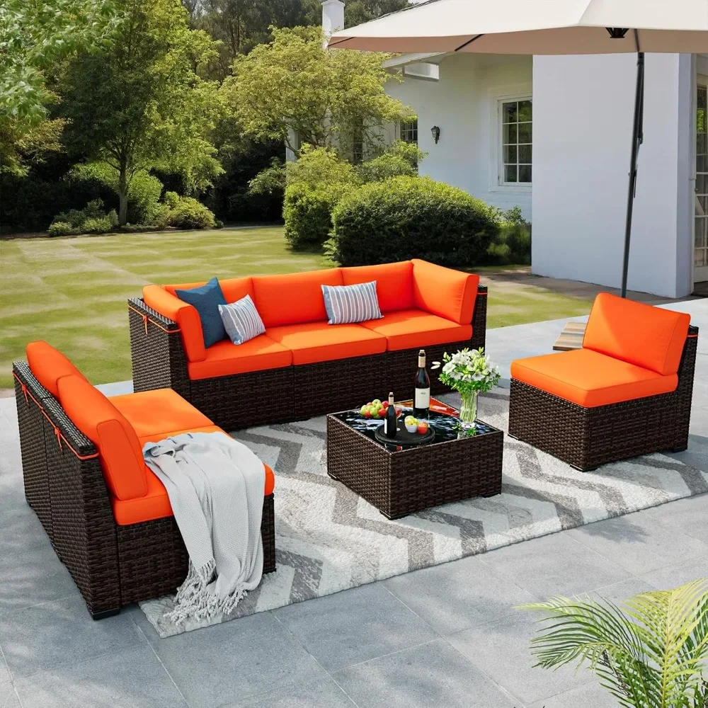 

Patio Furniture Set, 7 Pieces Outdoor Sectional Sofa Set with Waterproof Cover, PE Wicker Rattan Slanted Back Outdoor