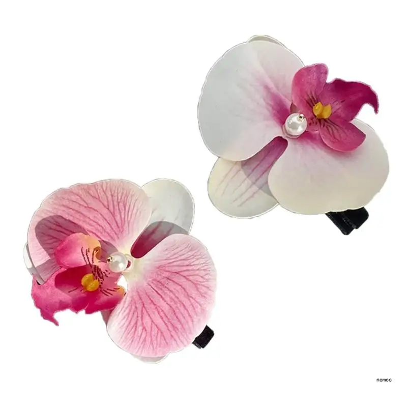 Set of 2 Pink Orchids Hairpins Flower Hair Grip Sweet Women Girl Side Barrettes