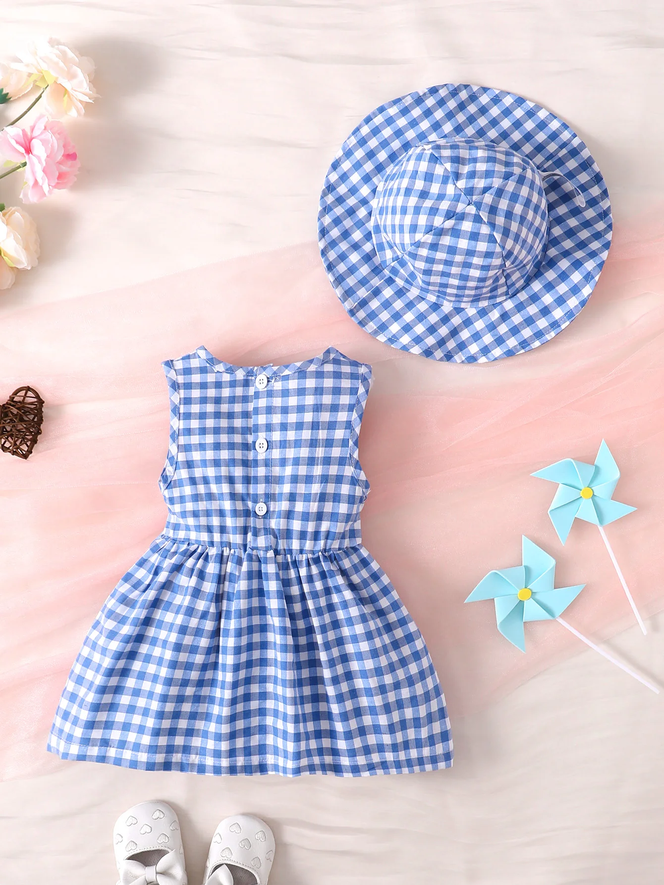 2pcs Summer Baby Girl Set Casual Vacation Fashion Buttons Blue Plaid Bow Sleeveless Dress + Hat Set  9M-3Y