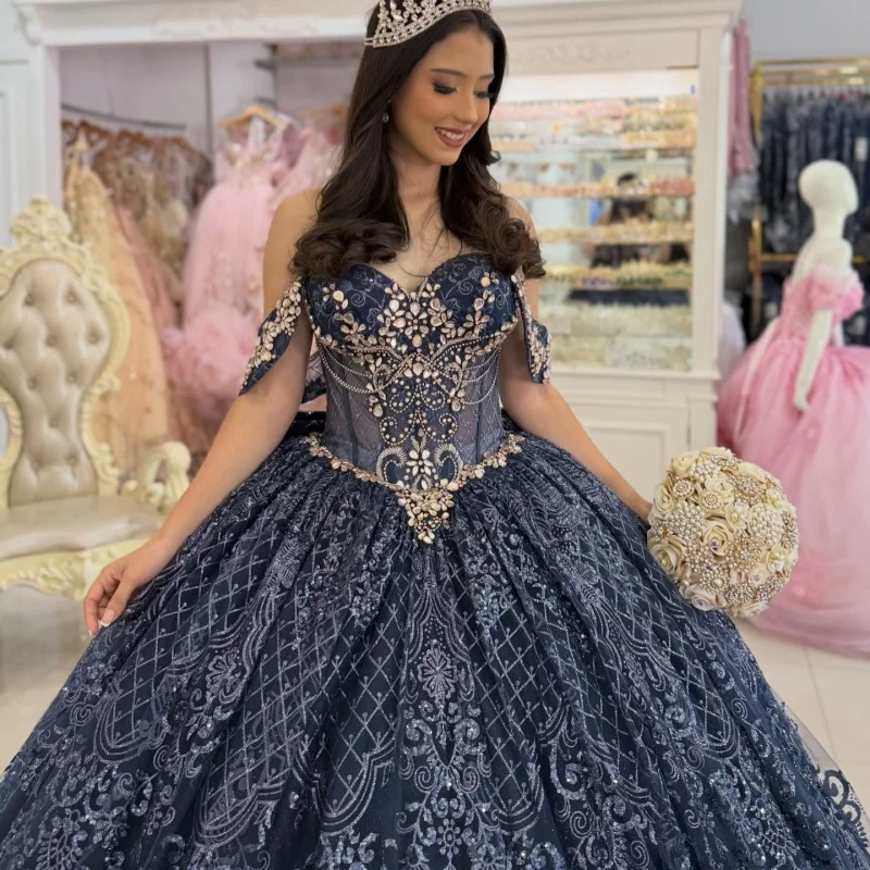 

Shiny Dark Blue Quinceanera Dresses Off the Shoulder Sequins Crystal Decal Long tail Bow Vestidoe 15 Quinceanera Customize