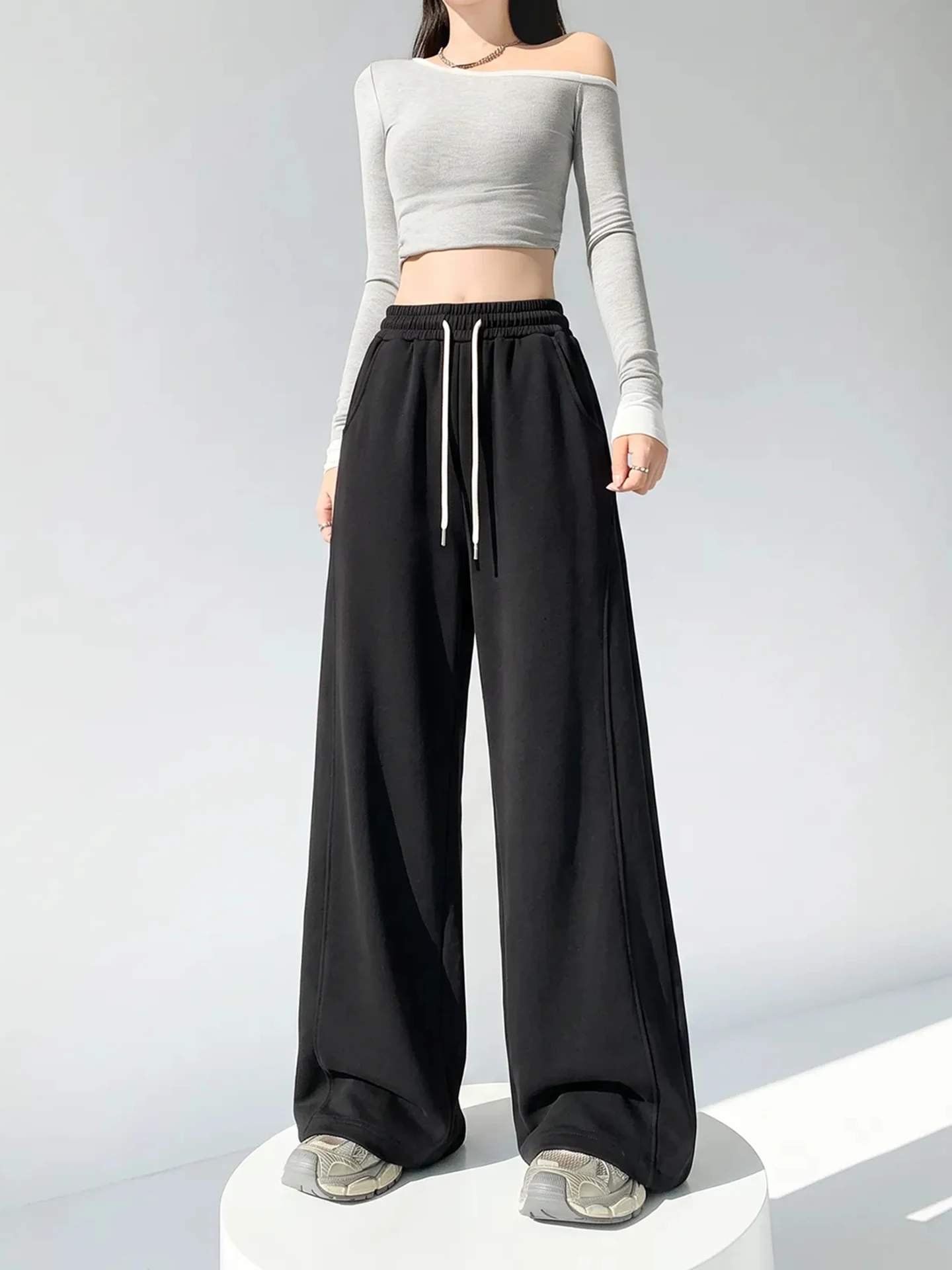 Black Casual Sporty Sweatpants Women's plus Size Drapey High Waist Loose Wide Leg Pants Autumn Fashion Slimming Trousers