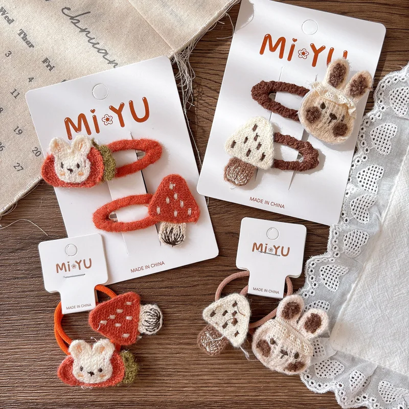 الشتاء متماسكة مقاطع الشعر الحيوان مجموعة 2PCS لطيف الأرنب الفطر تصميم طفل الفتيات العلاقات الشعر لينة لا زلة إكسسوارات الشعر #1