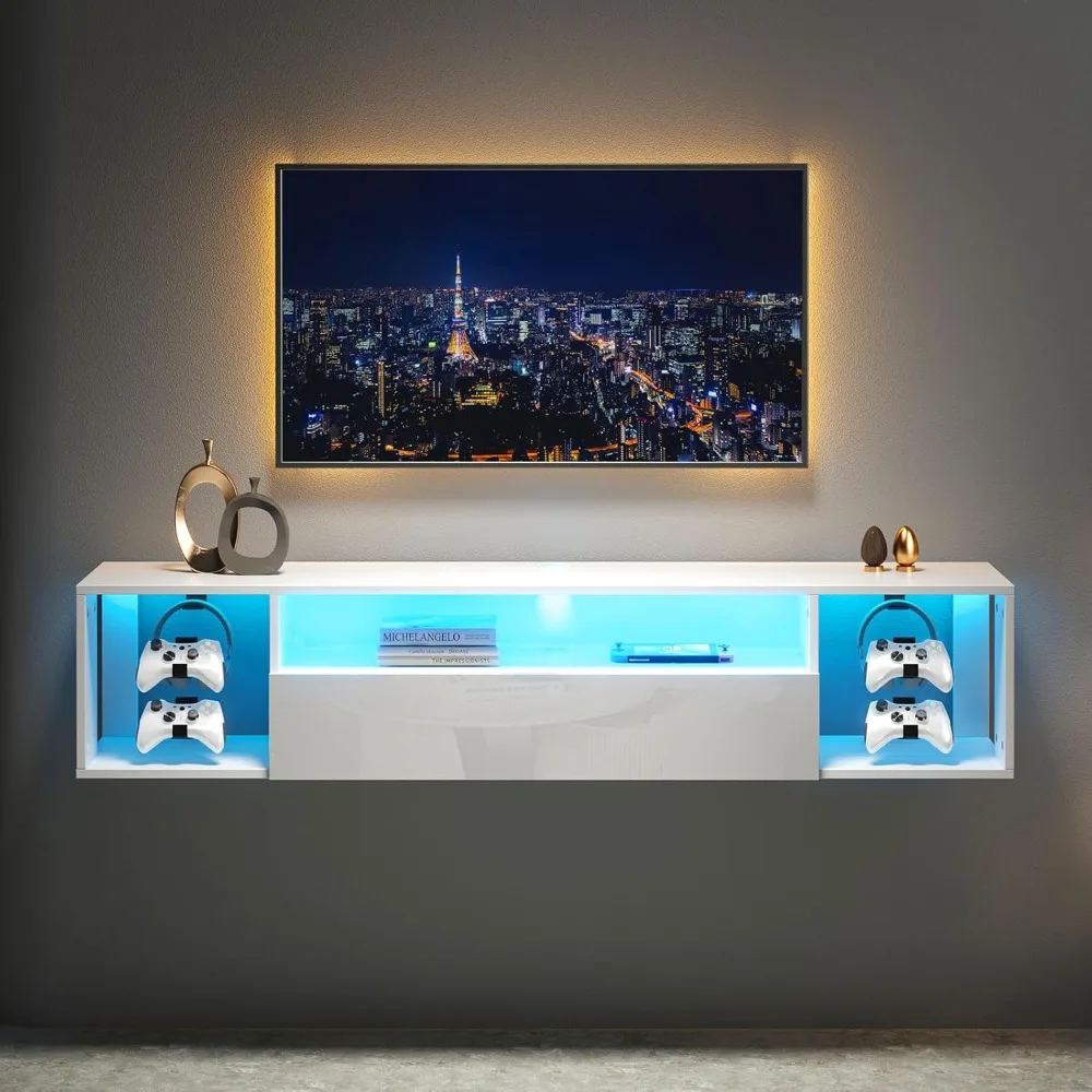 55'' Floating TV Stand with LED Lights, Wall Mounted Entertainment Center with 3 Storage Shelves, Modern Media Console Cabinet