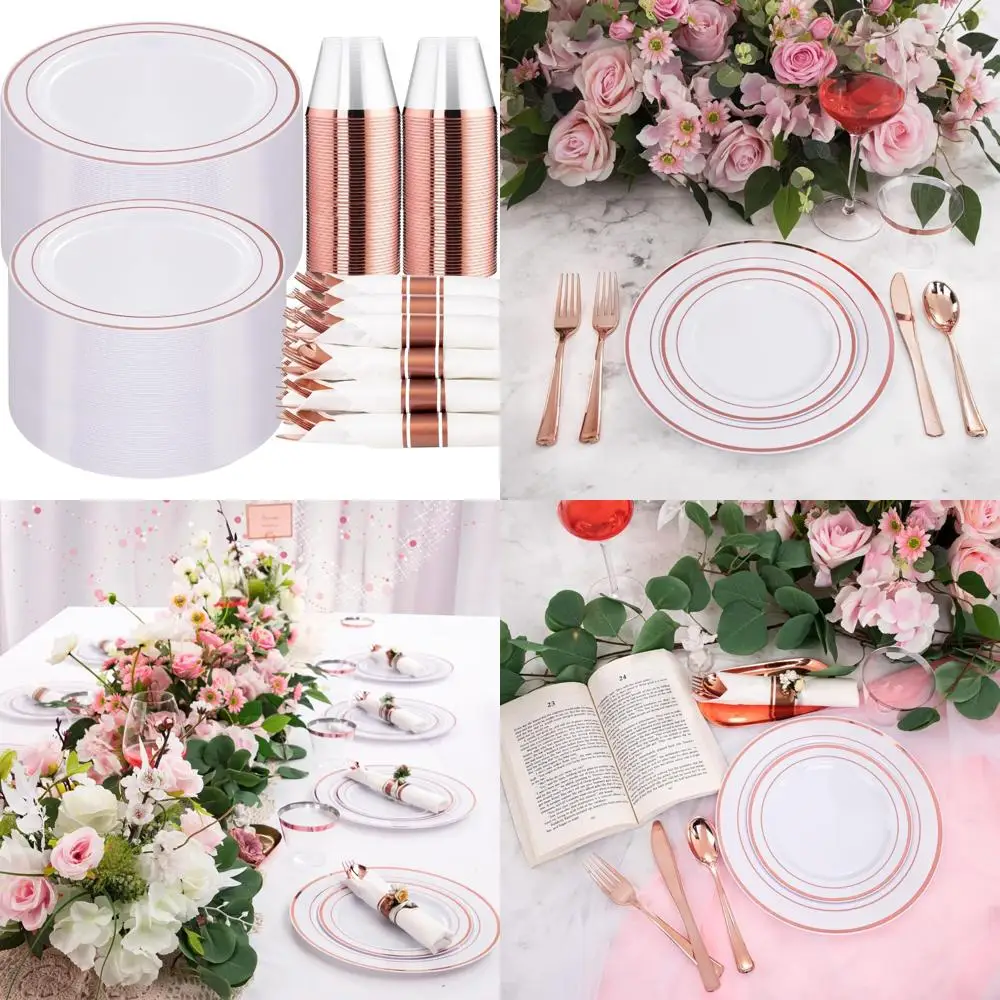 

Набор одноразовой посуды на 50 гостей: 350 пластиковых тарелок из розового золота, столовое серебро, чашки и предварительно скрученные салфетки.
