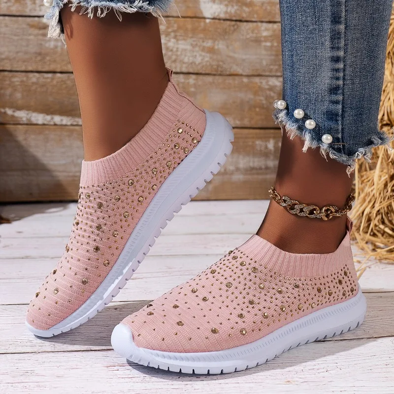 Flower Prints Knitted Flats for Women Plus Size Shiny Crystal Breathable Mesh Loafers Woman 2024 Autumn Slip-On Walking Shoes