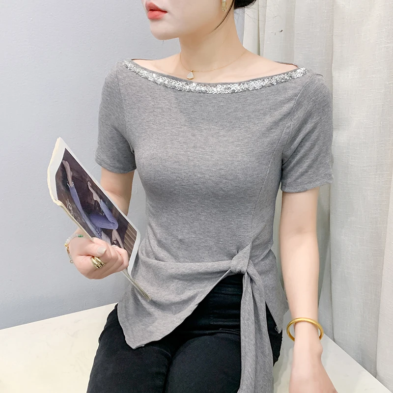 

Black,Summer,Korean,Style,T-Shirt,Women,Fashion,Sexy,O-Neck,Shiny,Beading,Tops,Short Sleeve,Irregular,Lace up,Hot,Tees,532005