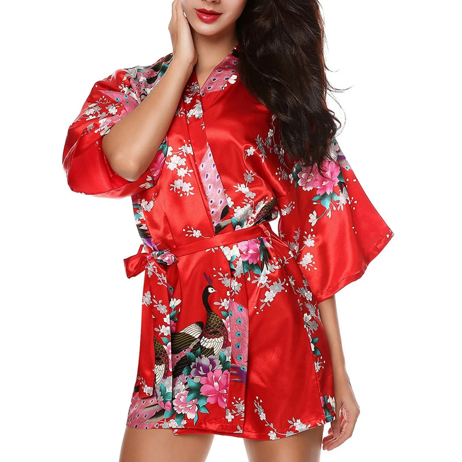 Ladies’ Simulation Silk Printing Traditional Classic Robe Fashion Gown Bath Robe Bird And tree Print Comfortable Sleepwear