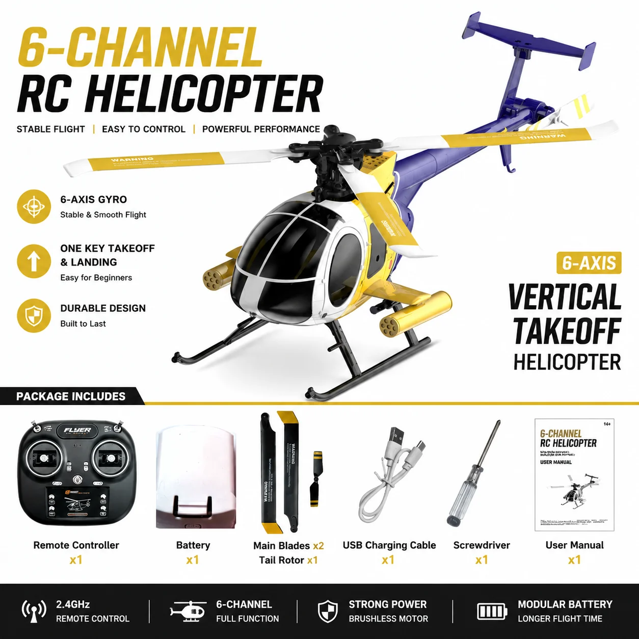 K300 6CH RC Helicopter Brushless Motor 6-Axis Gyro Remote Control Aircraft One Key Takeoff Landing 2.4GHz RTF