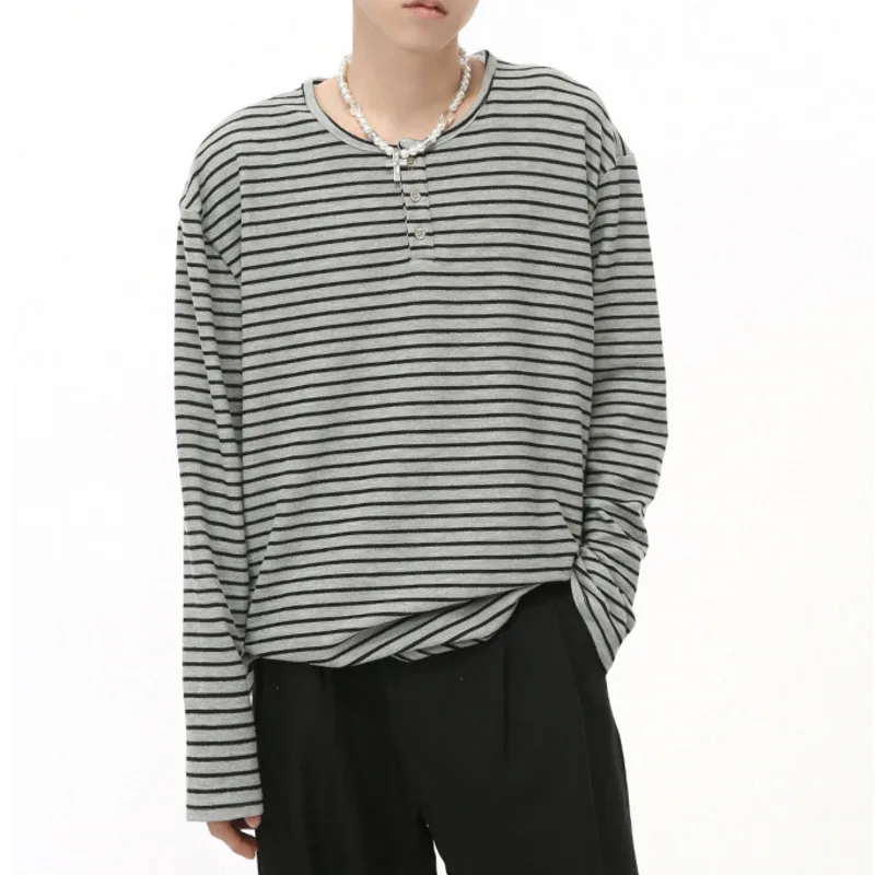 Korean Style High Street Round Collar Long Sleeve Striped Loose T-shirt Nich Design Male Top 2024 Autumn New T-shirts