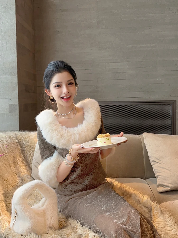 

Женское пальто Xia Yuan: Новинка, зимнее, с отстегивающимся меховым воротником, узор «Снежинка», премиум качество