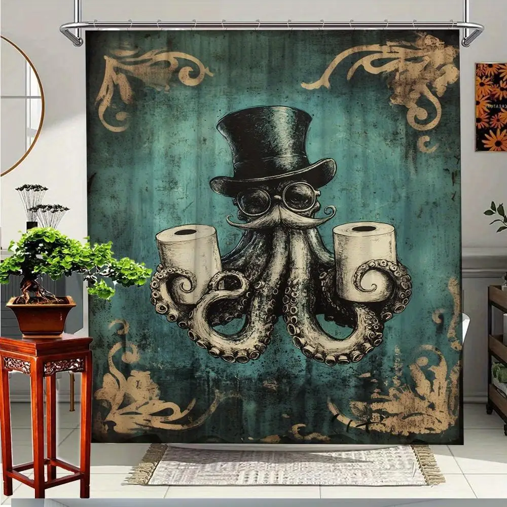Steampunk Octopus Shower Curtain Waterproof Gothic Design Vintage Marine Art Print for Bathroom Decor Unique Sea Life Tapestry