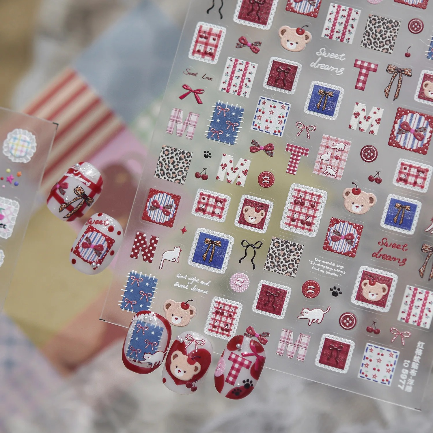 Y2K Vintage Grid 5D Nail Art Stickers Red Fabric Check Leopard Block Bow Bear Cat Cherry Button Self Adhesive Nail Art Decals