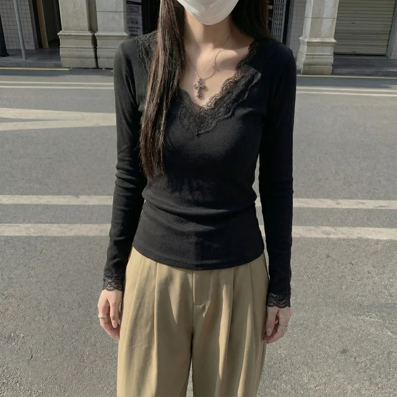 2026 Herbst Winter Damen T-Shirt V-Ausschnitt Spitzen-Top Weich Hautfreundlich Fleece-Gefüttert Langarm Thermo-T-Shirt für Layering – Detail 4