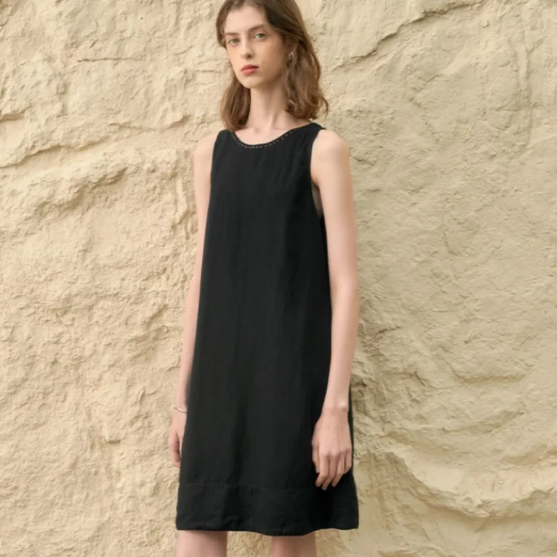 Johnature Summer Dress Women Casual Linen Vest Sleeveless O-neck Solid Color Simple Loose Pockets Women Dresses For 2025 New