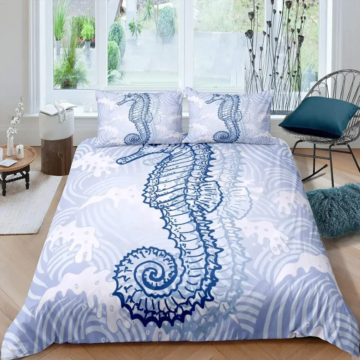 Ocean Animal Duvet Cover Set, Coral Marine Life Home Textile Sea Urchin Soft Quilt Cover, Cute Seahorse King Size Bedding