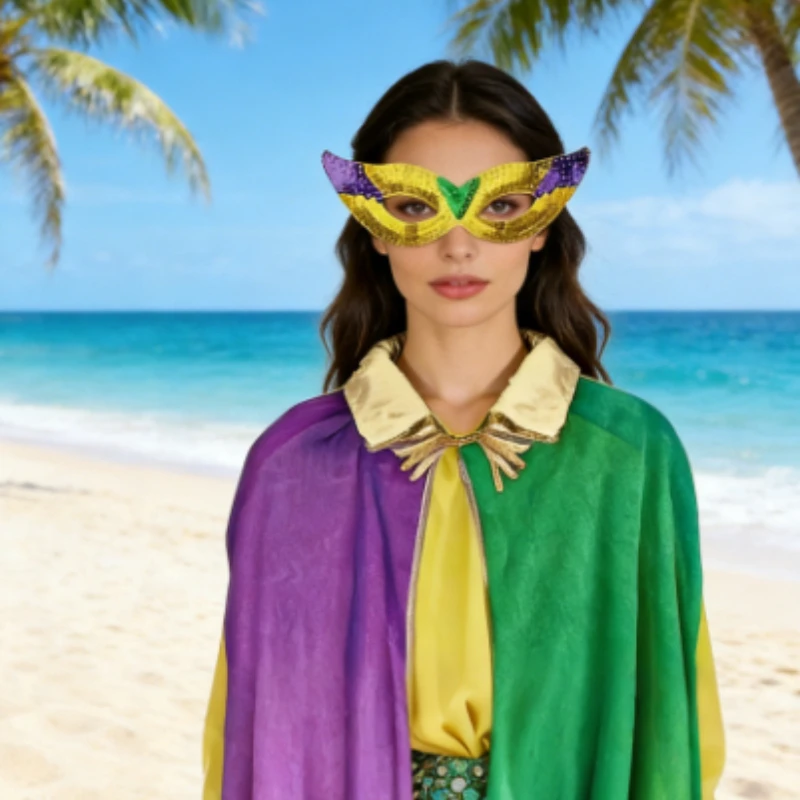 Accesorios Festivos para Disfraces de Mardi Gras: Capa, Diadema de Plumas, Máscara de Lentejuelas, Pendientes y Collares de Cuentas, Conjunto Vibrante para Celebración