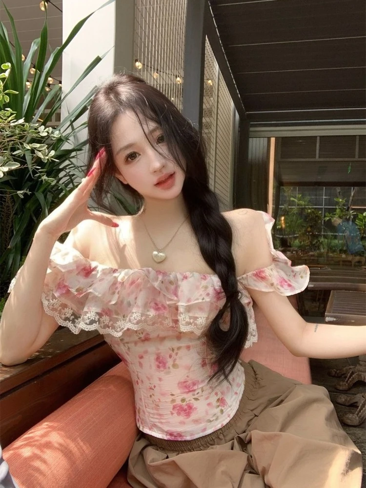 Elegant Floral Print Strapless Top Women Summer Ruffle Edge Slimming Fit Sleeveless Cami Layering Vest Must Have