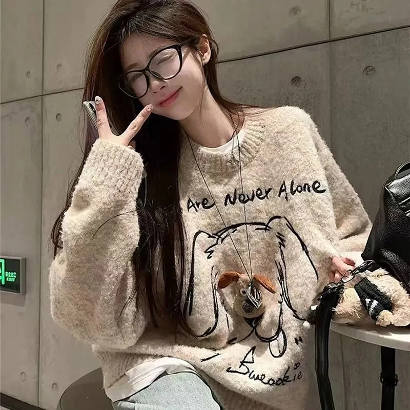 Women Fluffy Cartoon Dog Sweater Oversized O Neck Knit Pullover Cute Kawaii Long Sleeve Casual Autumn Winter Top
