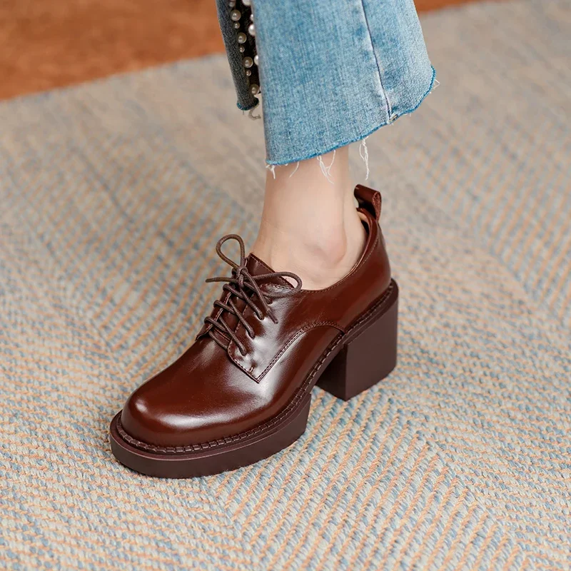 2023 Spring New Genuine Leather Platform Shoes Casual Round Toe Shoes Woman Chunky Heel Lace-up Winter Women Shoes Zapatos Mujer