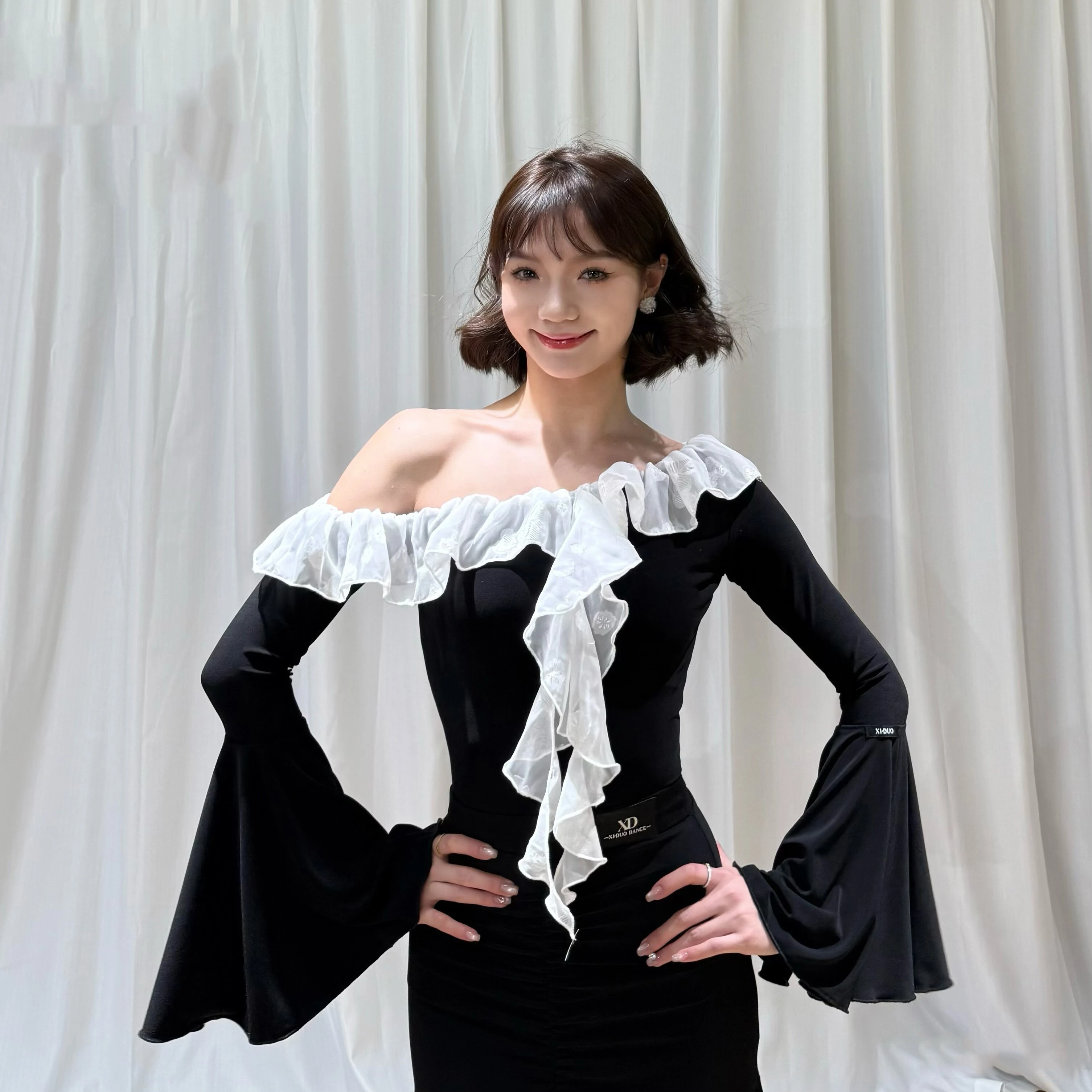 2026 Women Waltz Ballroom Dance Clothes Slanting Shoulder Lace Top Chacha Rumba Tango Latin Modern Dance Costume Wear DN22884