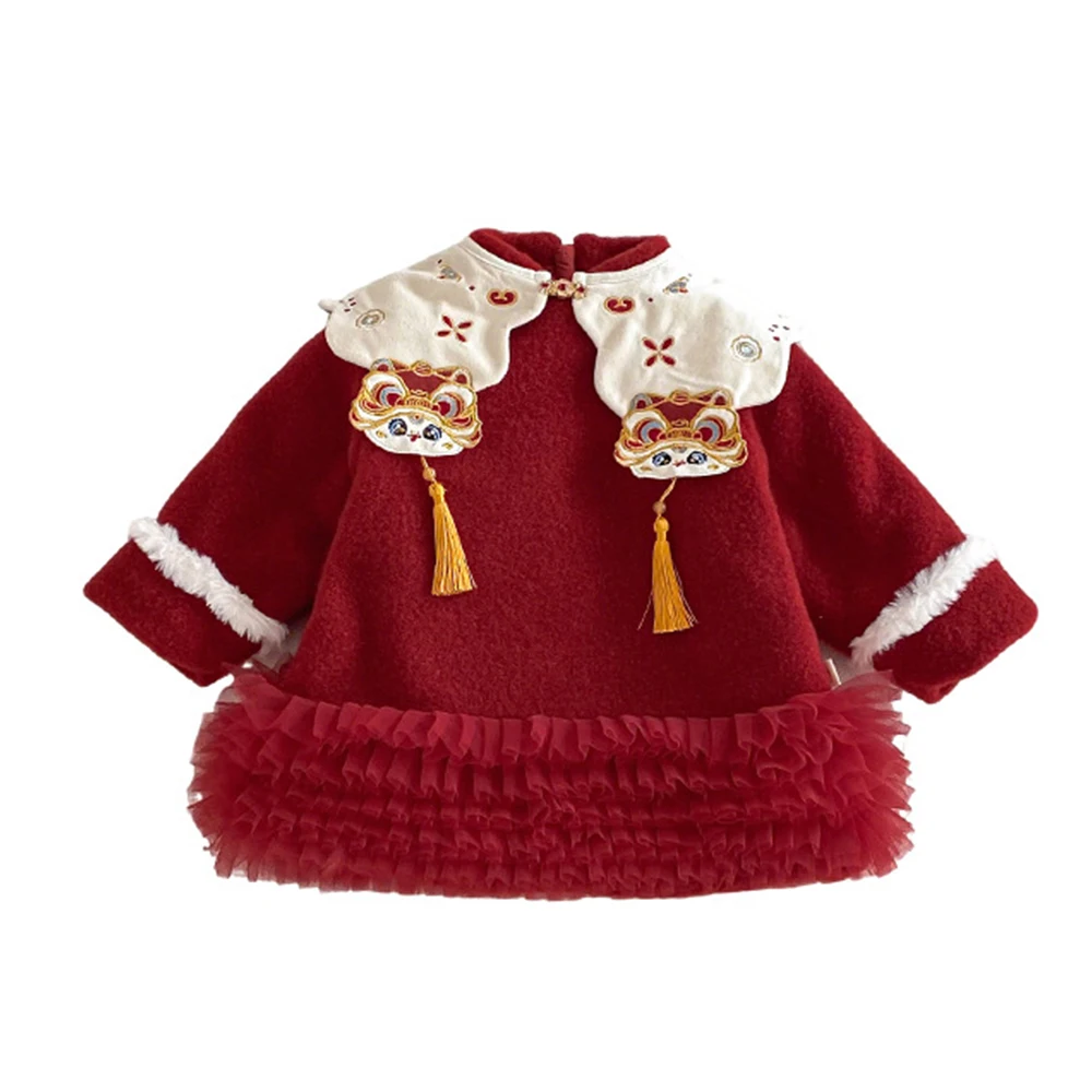 

Новогодние детские платья в китайском стиле для девочек, красные стеганые теплые зимние детские эксклюзивные платья с кисточками, рождественские платья
