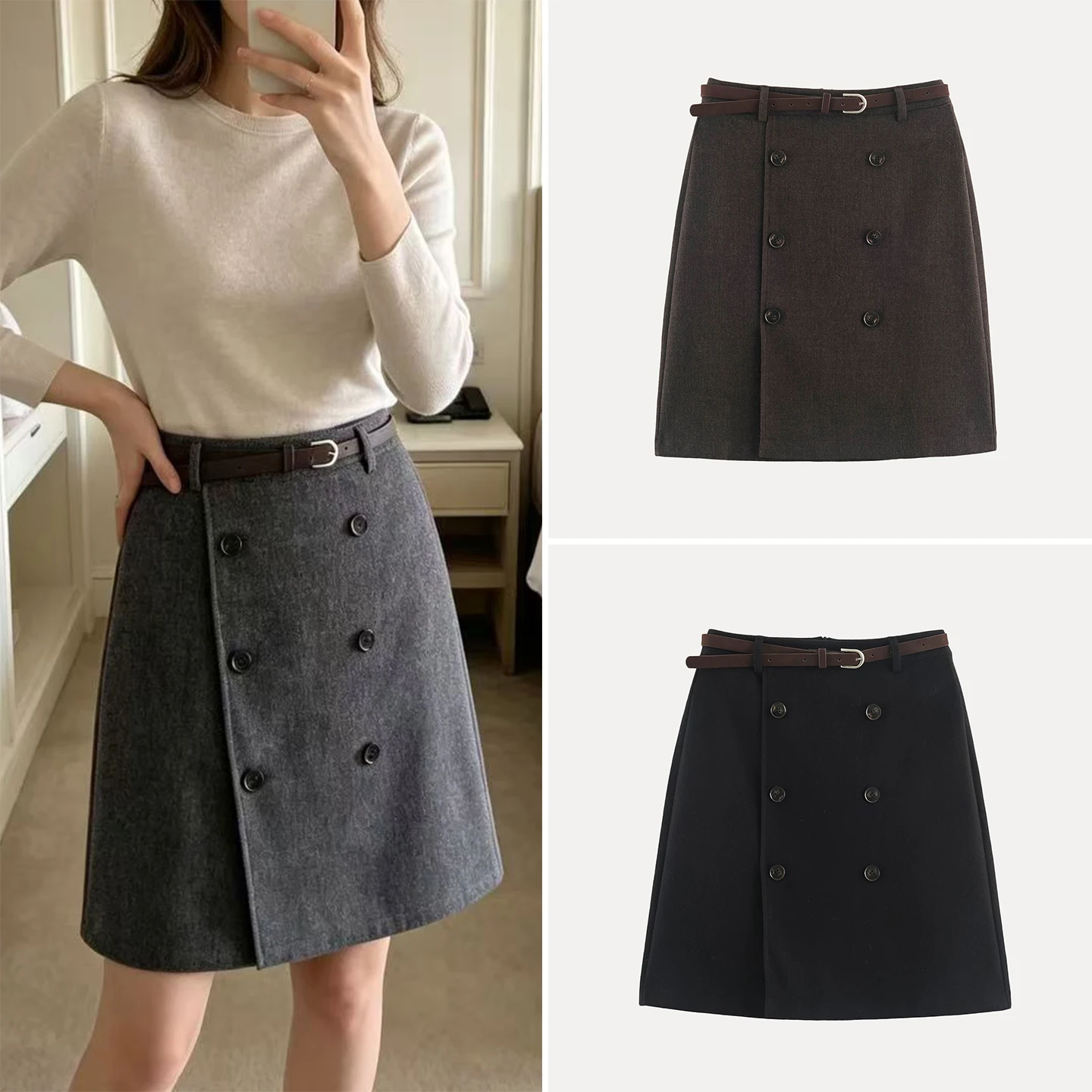 Fashionable Retro Double-Breasted Half Skirt with Belt Women's Clothing Autumn 2026 New Style Standard Edition Other Materials