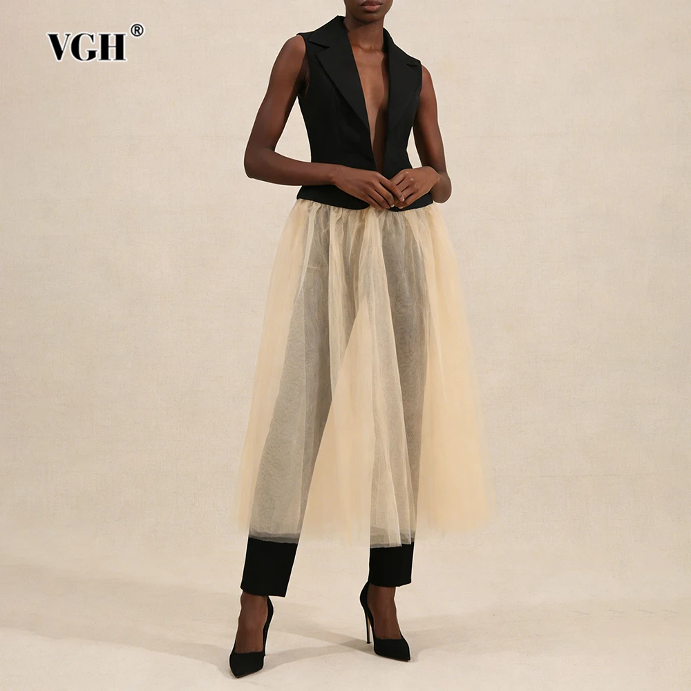 VGH Design Sense Hit Color Slimming Jackets For Women V Neck Sleeveless Summer Temperament Long Party Jacket Female Fashion New