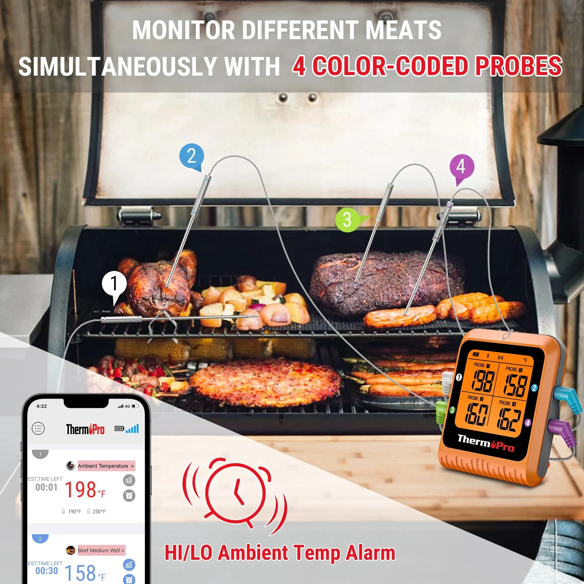 ThermoPro TP930 200M Wireless Remote Bluetooth Kitchen Digital Thermometer with 4 Probes for Grilling Meat Oven BBQ Cooking