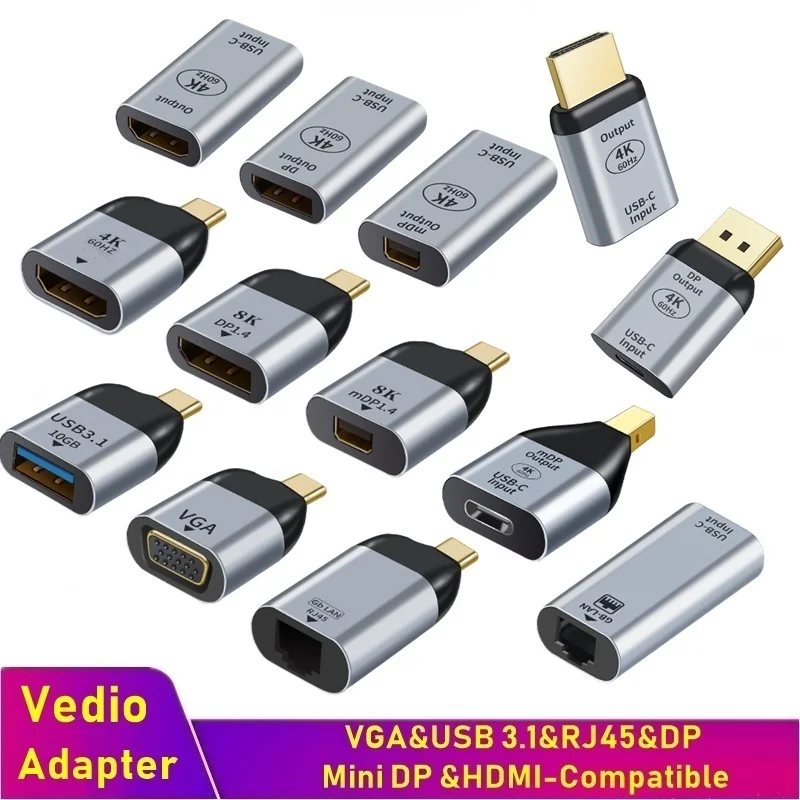 HDMI-compatible USB Type C Adapter to DP/VGA/Mini DP/RJ45 4K/8K 60Hz Vedio Transfer Converter for Laptop Phone Macbook Pro Air