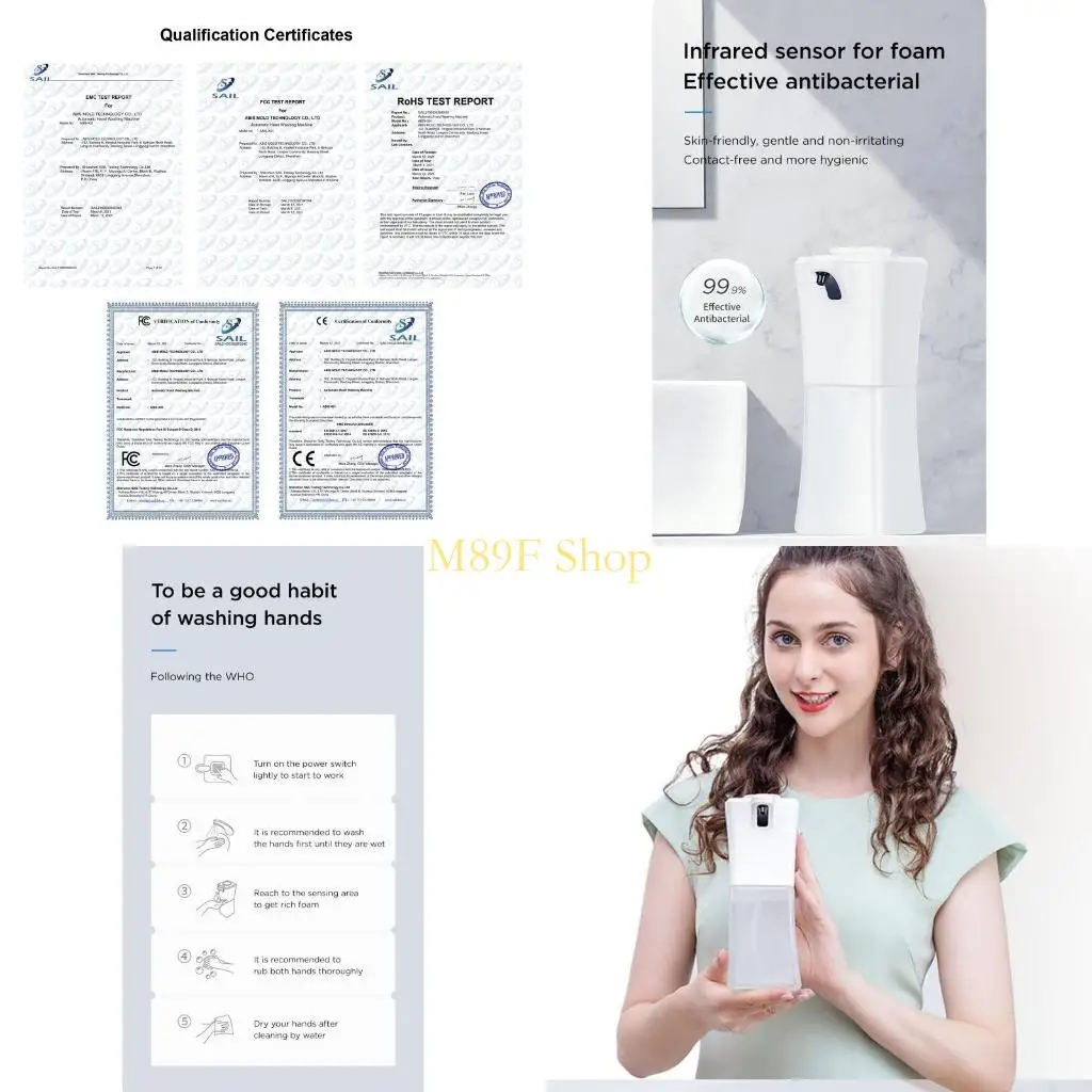 เครื่องจ่ายสบู่สบู่อัตโนมัติ M89F USB แบบชาร์จไฟได้แบบชาร์จไฟแบบชาร์จไฟได้ด้วยการเคลื่อนไหวอินฟราเรดกล่องน้ำมันหอมระเหย