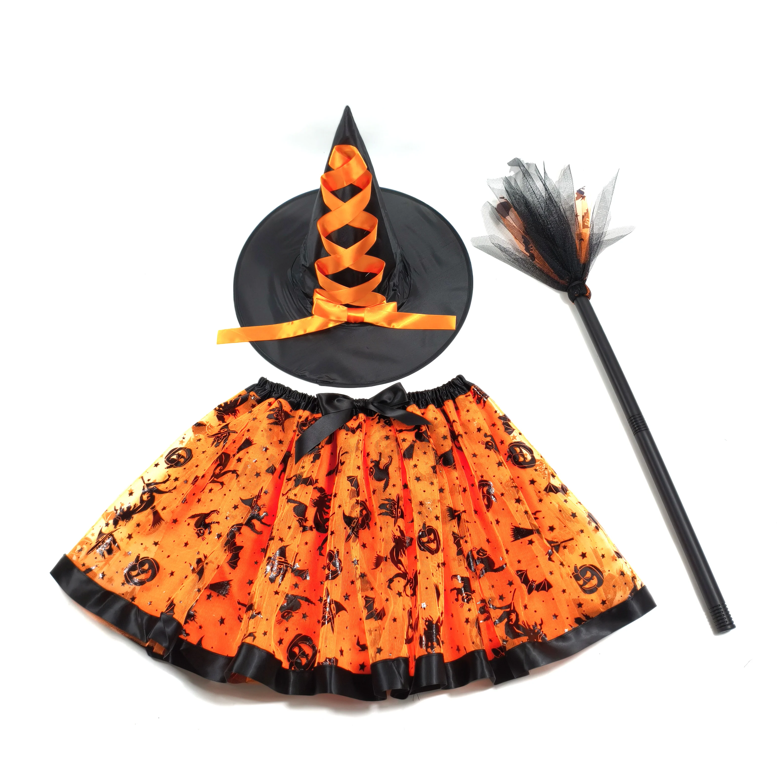 Halloween-Hexenkostüm-Set für Erwachsene, Tüllrock, Hut und Besen. Komplette deinen Hexe aussehen, einen schwarzen Hexenhut und einen gruseligen Besen