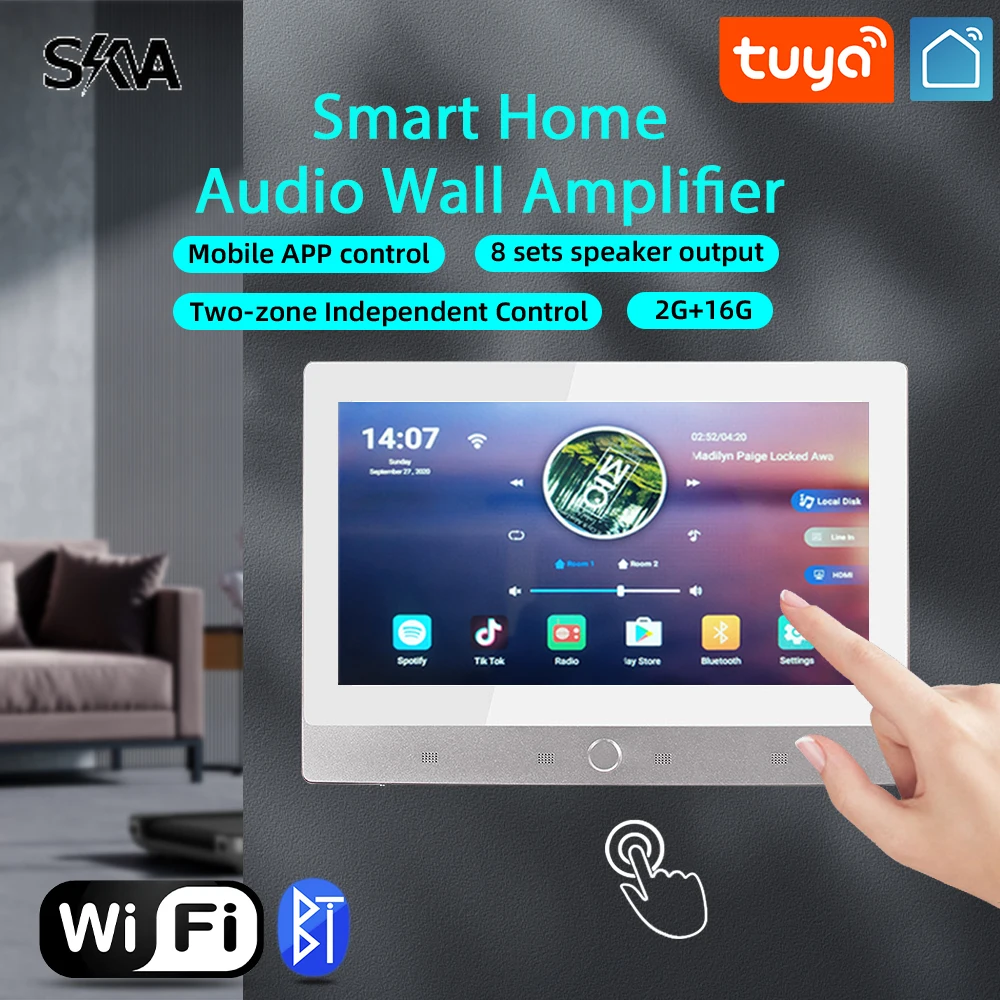 

Home Wall-mounted Amplifier with Bluetooth WiFi 7inch Touch Screen Dual Audio Zone Sound Amp Video Player Consumer Electronics