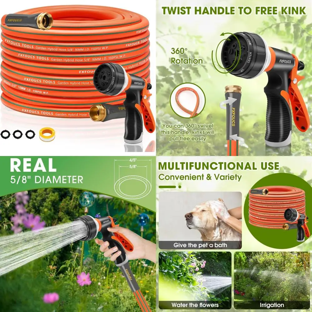 

Гибкий легкий гибридный садовый шланг 5/8 дюйма, вырывное давление на 600 фунтов на квадратный дюйм, поворотная ручка, прочная медь для тяжелого использования