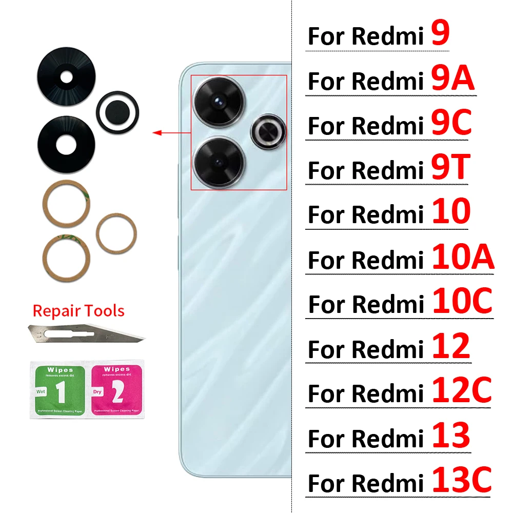 New Camera Glass Lens Back Rear Camera Glass Lens Adhesive For Xiaomi Redmi 9 9A 9C 9T 10 10A 10C 12 12C 13 13C 4G 5G