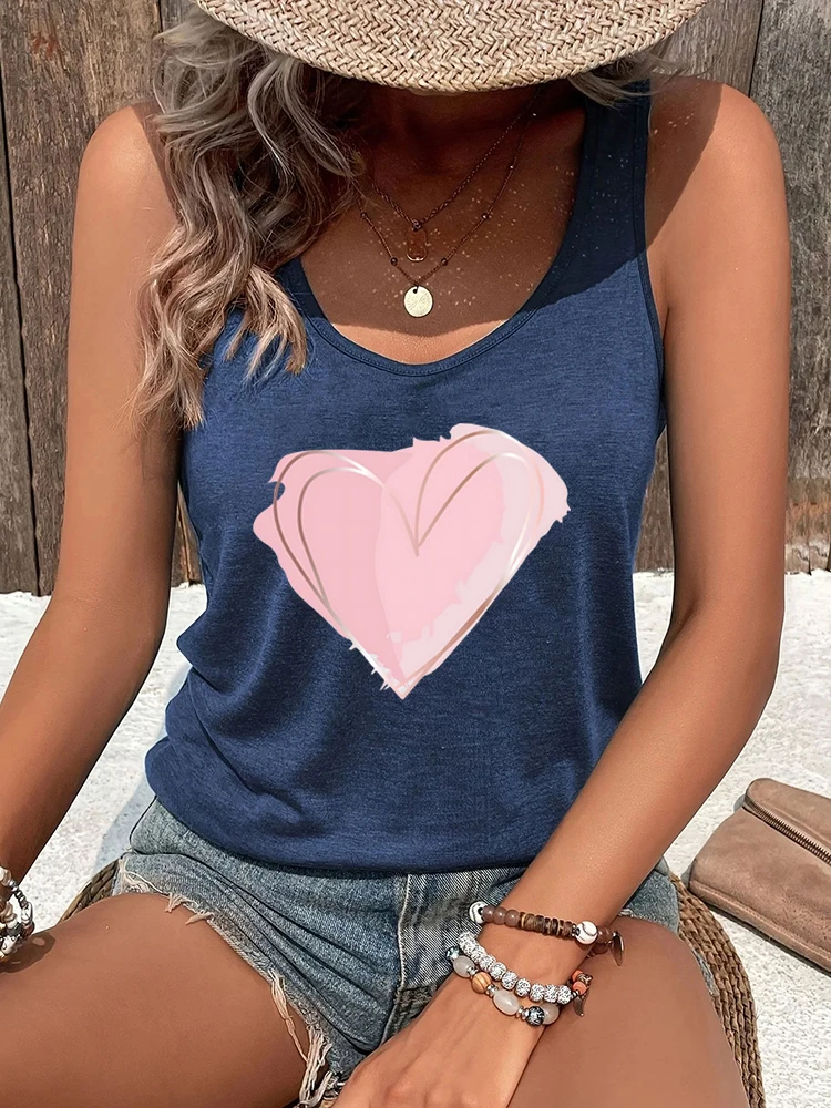 Trendy Short Tops Woman Pink Heart Graphic Tank Top Women Funny Heart Print Racerback Tanks HeartsTrend Style Summer Sexy Tops