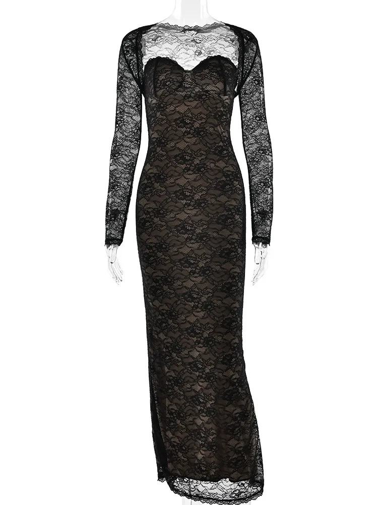 

2 Piece Sets Autumn Y2k Women's Dresses Sexy Club Black Lace Bodycon Dress Long Sleeve V-Neck Dress Party Evening Dresses 2025