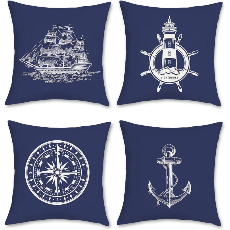 

Navigation Navy Blue Pillowcase 18x18 inches 4-piece Set Coast Anchor Lighthouse Sailing Compass Sofa Decorative Pillowcase