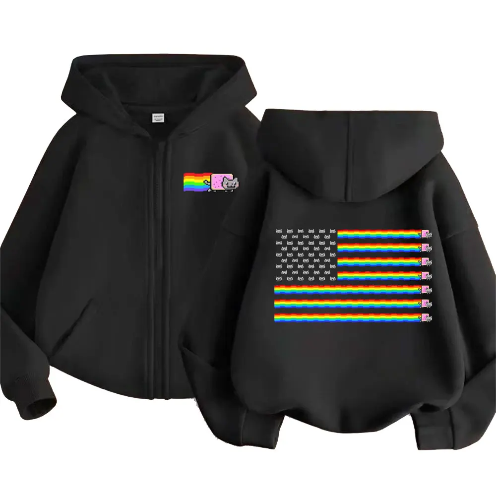 

Rainbow American Flag Nyan Cat Funny Meme Zipper Hoodie Men Women Fashion Casual Zip Up Jacket Male Kawaii Oversized Sweatshirt