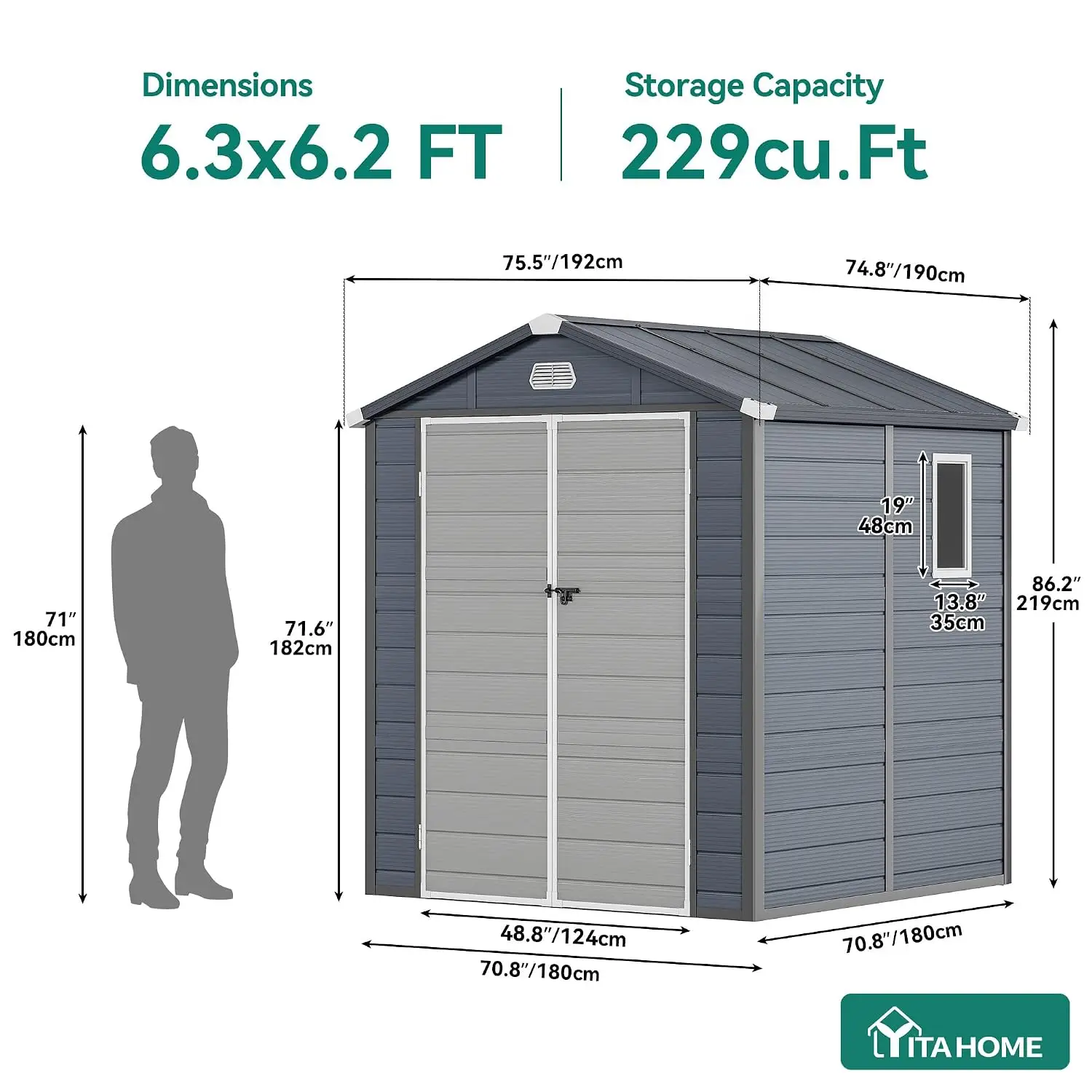 6x6FT Outdoor Storage Shed All-Weather Plastic Lockable Doors Window & Vents Backyard Patio Lawn, Customized