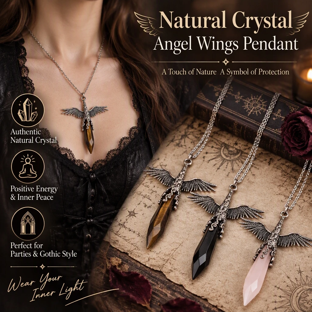 Natural Crystal Hexagonal Column Faceted Angel Wings Pendant Antique Bronze Finish Charm for Necklace Jewelry Daily Wear Gift