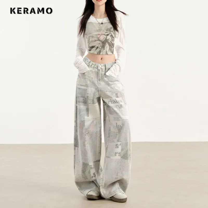 Women's Casual Retro Wide Leg Baggy Emo Denim Trouser Vintage Print High Waist Loose Jeans 2024 Summer Grunge Y2K 2000s Pants