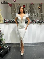 White Deep V-neck Evening Dress Sexy Crystals Feathers Bride Robe Elegant Tea-length Bridal Dresses Vestidos  De Novia