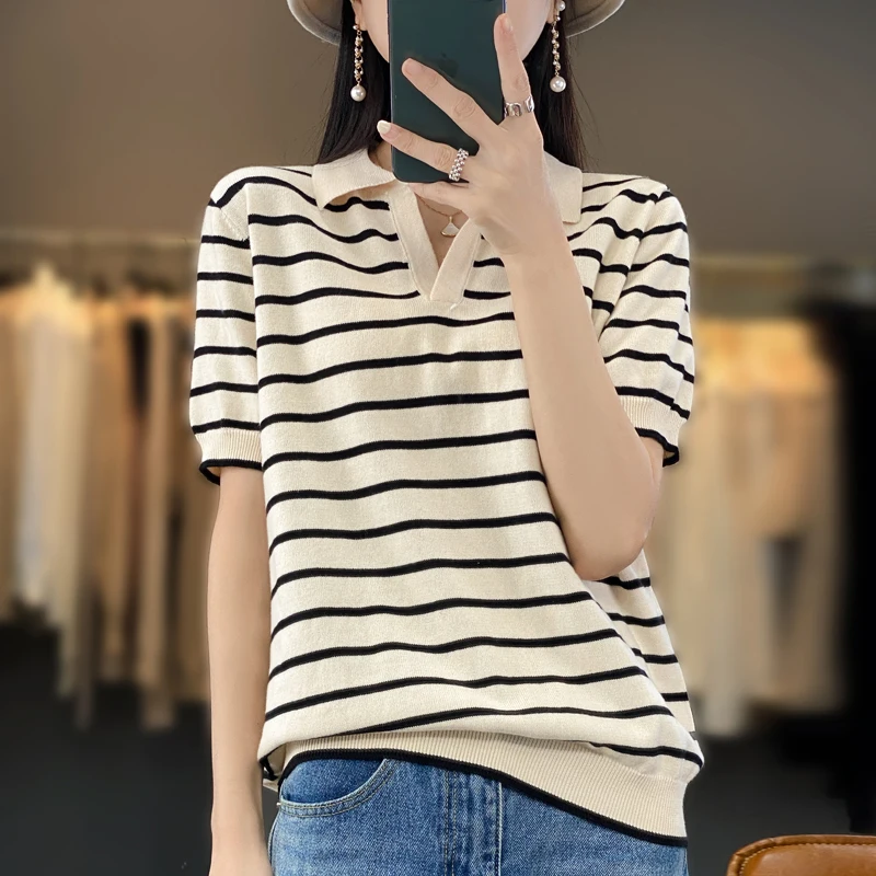 Women\'s new summer lapel T-shirt 100% cotton short-sleeved women\'s T-shirt striped summer knitting loose fashion top T-shirt